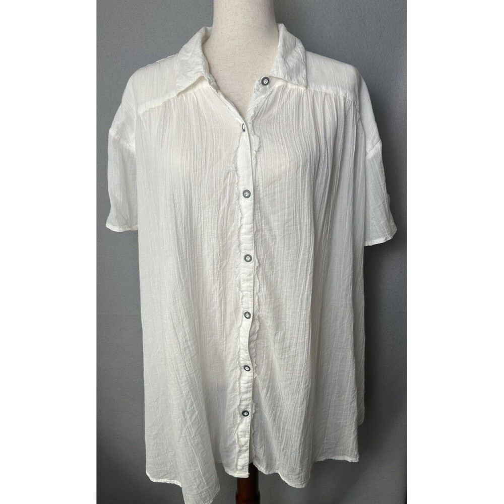 We The Free White Cotton Button-Up Blouse Lightweight Sheer Summer Beachy L